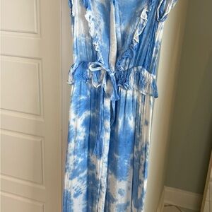 Skylar + Madison Blue and White Tie-Dye Ruffle-Trim Maxi Dress